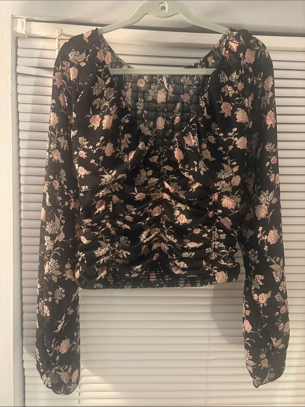 Free People Floral scrunched Long-Sleeve sheer Top